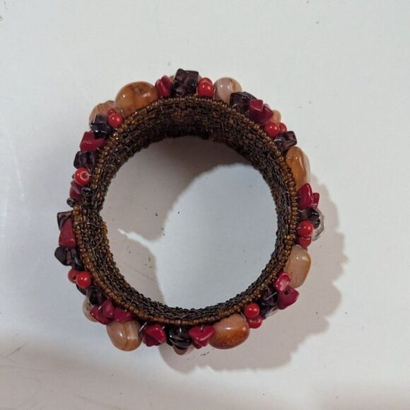 Red & Orange Gemstone Beads Clamp Bracelet Woven Boho Style Handmade Adjustable - Picture 3 of 5